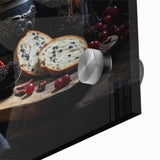 Large abstract wall art featuring an array of vibrant food dishes on acrylic glass, ideal for dining room decor.