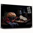 Acrylic print of various colorful food dishes, ideal for dining room or kitchen decor.