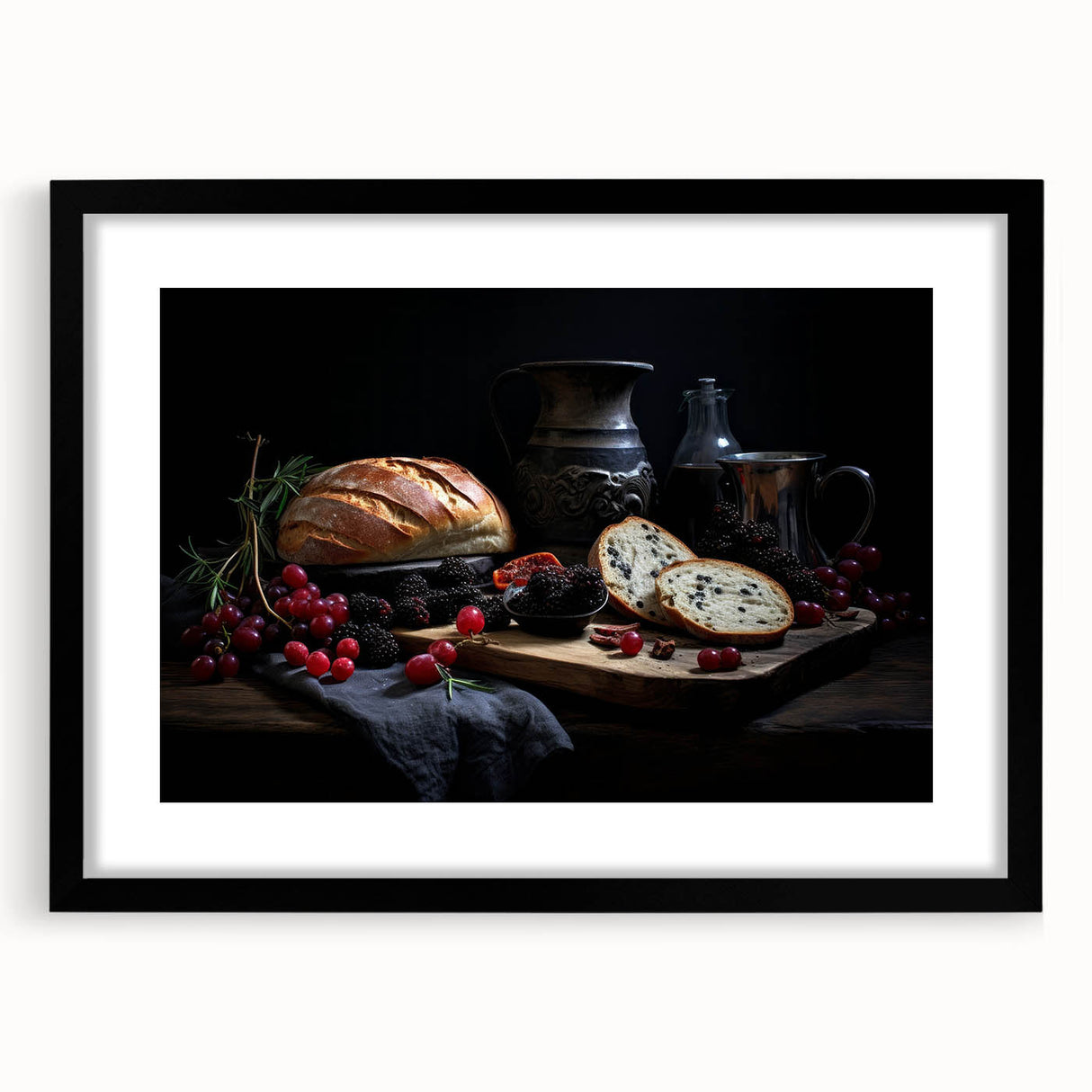 Extra large framed wall art featuring an abstract print of colorful food dishes in vibrant shades.