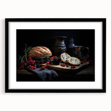 Extra large framed wall art featuring an abstract print of colorful food dishes in vibrant shades.