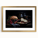 Extra large abstract art print featuring textured food dishes in muted earth tones, framed in gold.