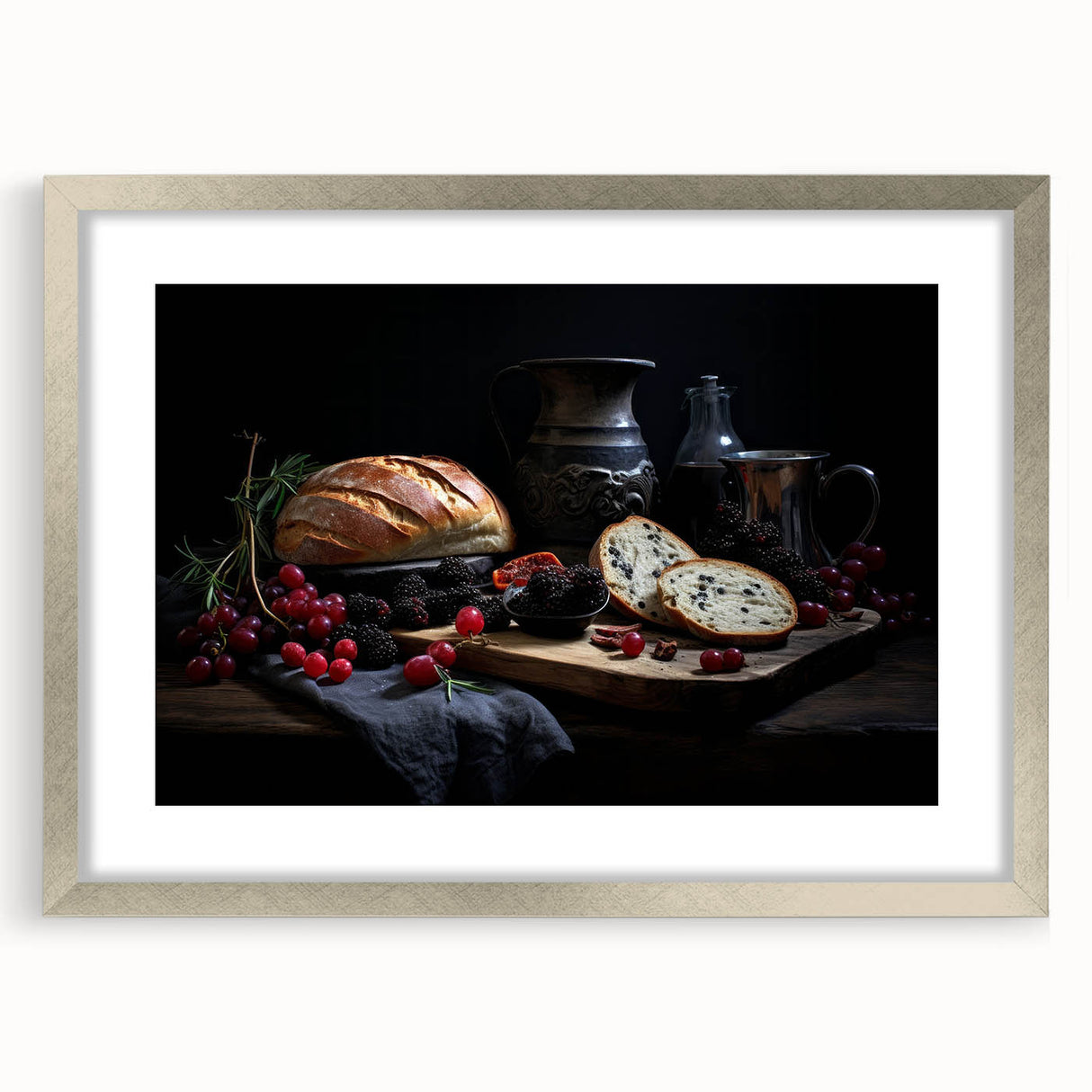 Textured abstract art print featuring an array of colorful food dishes on a silver-framed mat, ideal for bedroom wall decor.