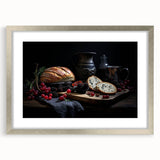 Textured abstract art print featuring an array of colorful food dishes on a silver-framed mat, ideal for bedroom wall decor.