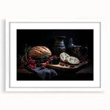 Abstract art print featuring assorted food dishes in muted earth tones, framed with a white mat.