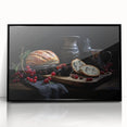 Large abstract wall art featuring assorted food dishes in black and white, framed in acrylic.
