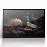 Large abstract wall art featuring assorted food dishes in black and white, framed in acrylic.