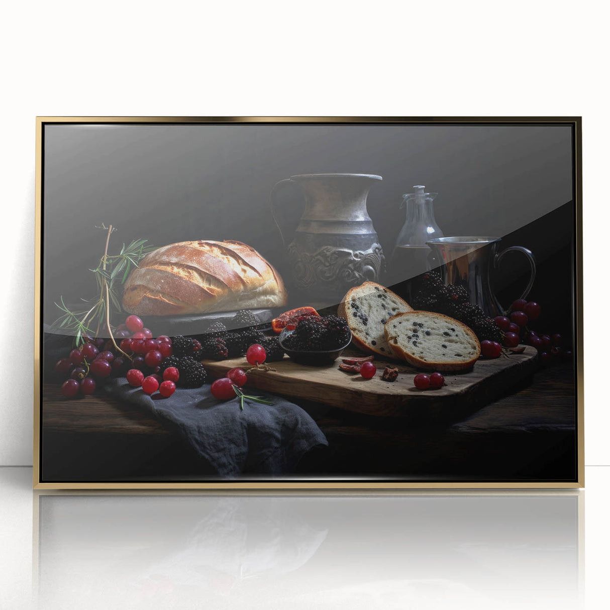 Framed acrylic print of assorted food dishes in mid-century modernist style, featuring vibrant colors.