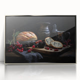 Mid-century modernist art featuring an array of colorful food dishes on a silver-framed acrylic print.