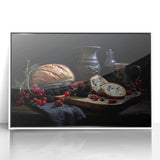 Art deco poster featuring an array of stylized food dishes in bold colors, framed in white acrylic.