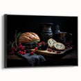 Framed canvas featuring a black and white vintage poster of assorted food dishes, ideal for bedroom wall decor.