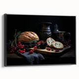 Framed canvas featuring a black and white vintage poster of assorted food dishes, ideal for bedroom wall decor.
