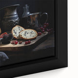 Close-up of a black framed canvas featuring colorful, textured depictions of various food dishes.
