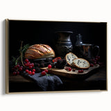 Framed canvas featuring a vintage poster of various food dishes in black and gold, ideal for bedroom wall art.