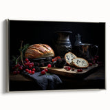 Landscape art painting of colorful food dishes on a black background, vintage poster style, framed canvas.