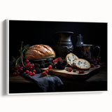 Vintage poster art featuring an array of colorful food dishes on a large framed canvas, suitable for living room decor.