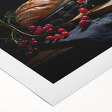 Art deco poster of assorted colorful food dishes on rolled canvas, suitable for dining room wall art.