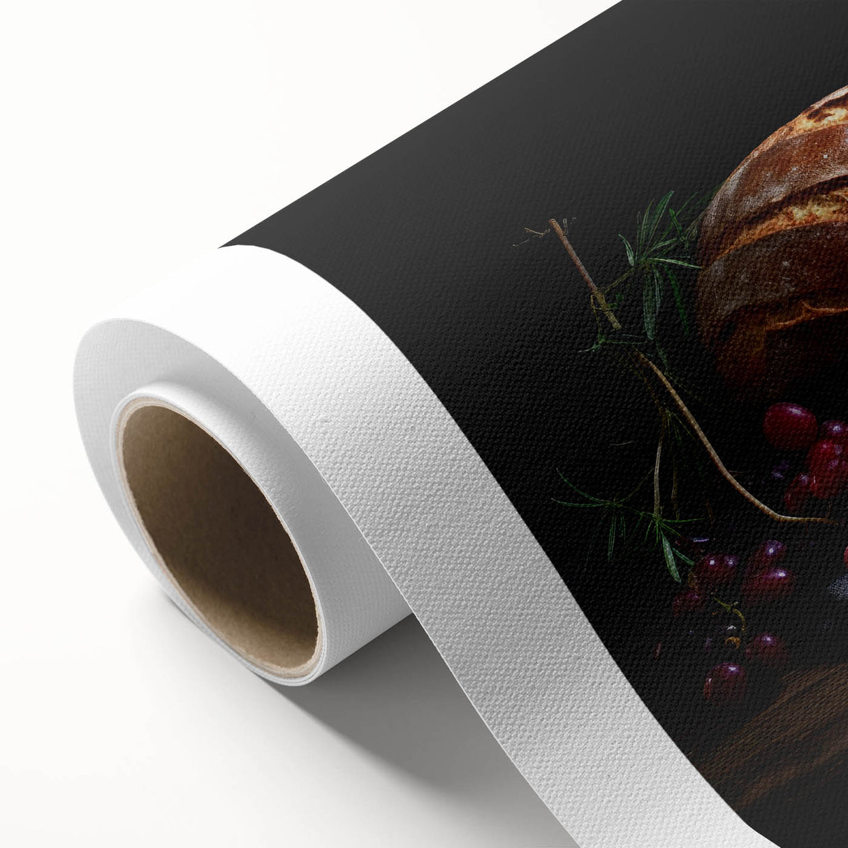 Art deco poster of various stylized food dishes in bold colors on rolled canvas, ideal for dining room decor.
