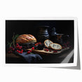 Rolled print featuring an array of detailed food dishes in earthy tones, suitable as art wall dining room decor.