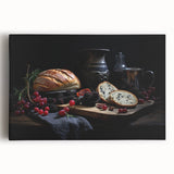 Black and white large art on stretched canvas featuring various food dishes, ideal for kitchen wall art.