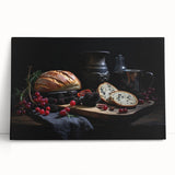 Black and white stretched canvas featuring an array of illustrated food dishes, ideal for kitchen wall art.