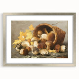 Textured art print featuring abstract fruits in vibrant orange and yellow tones, framed in silver, ideal for bedroom decor.