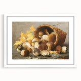 Abstract art print of assorted fruits in vibrant colors, framed with a white mat, suitable for dining room decor.