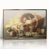 Mid-century modernist acrylic print of colorful fruits, framed in gold, suitable for modern kitchen decor.
