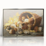 Mid-century modernist art featuring colorful fruits on a silver-framed acrylic print, suitable for modern kitchen decor.
