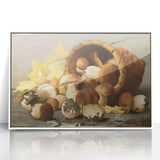 Art deco poster of assorted fruits in vibrant colors on a white acrylic frame, ideal for modern kitchen decor.