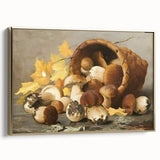 Framed canvas wall art of assorted fruits in vintage poster style, with muted gold and black tones, ideal for bedroom decor.