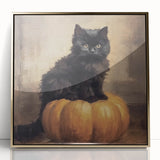 Spooky Wall Art - Black Cat & Pumpkin Vintage Halloween Print
