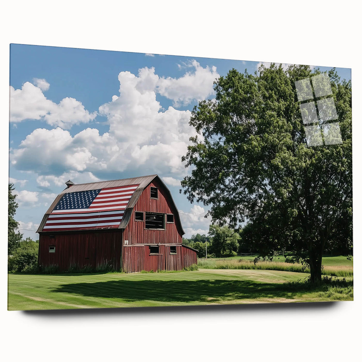 Acrylic glass side view of a landscape barn design, featuring vibrant colors and intricate details, ideal for home decor or art enthusiasts. Perfect for enhancing rustic interiors.