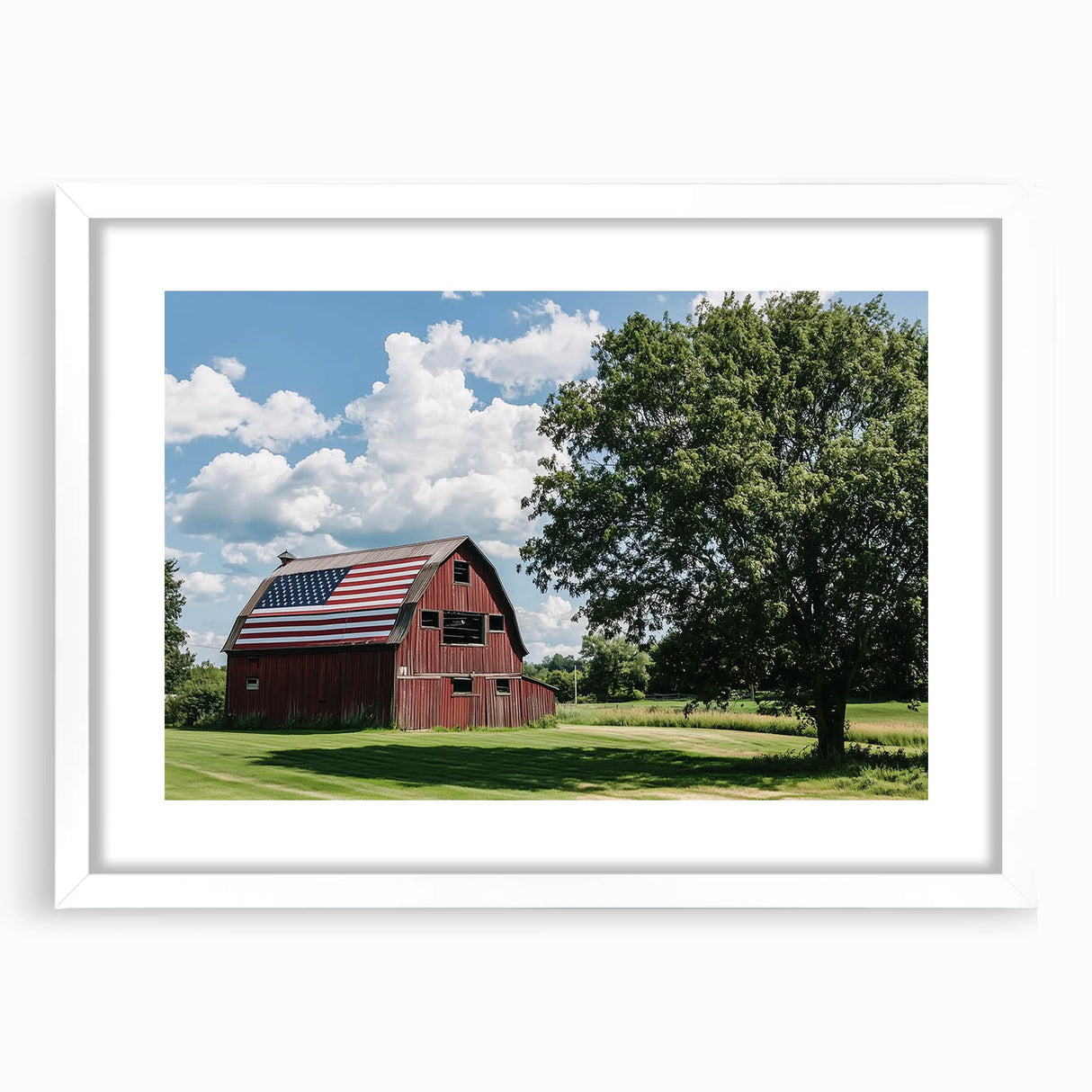 Landscape barn frame in a white mat, showcasing a modern design with clean lines and a minimalist aesthetic, perfect for enhancing home decor and artwork display.