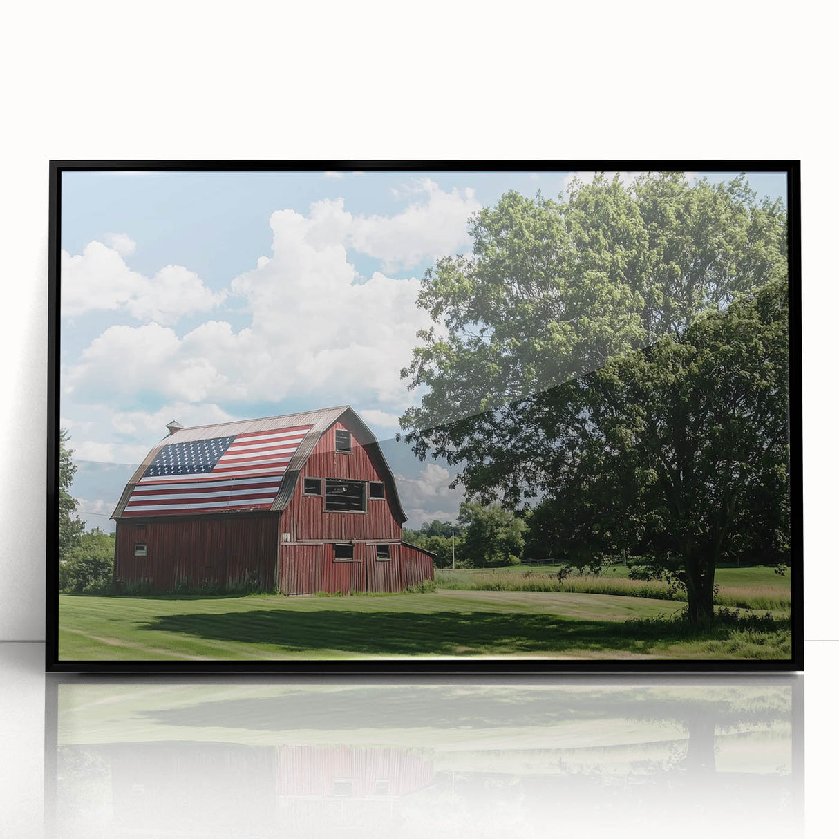 Landscape barn art design featuring a black-framed acrylic print, showcasing rustic charm with vibrant colors and intricate details, ideal for home decor.