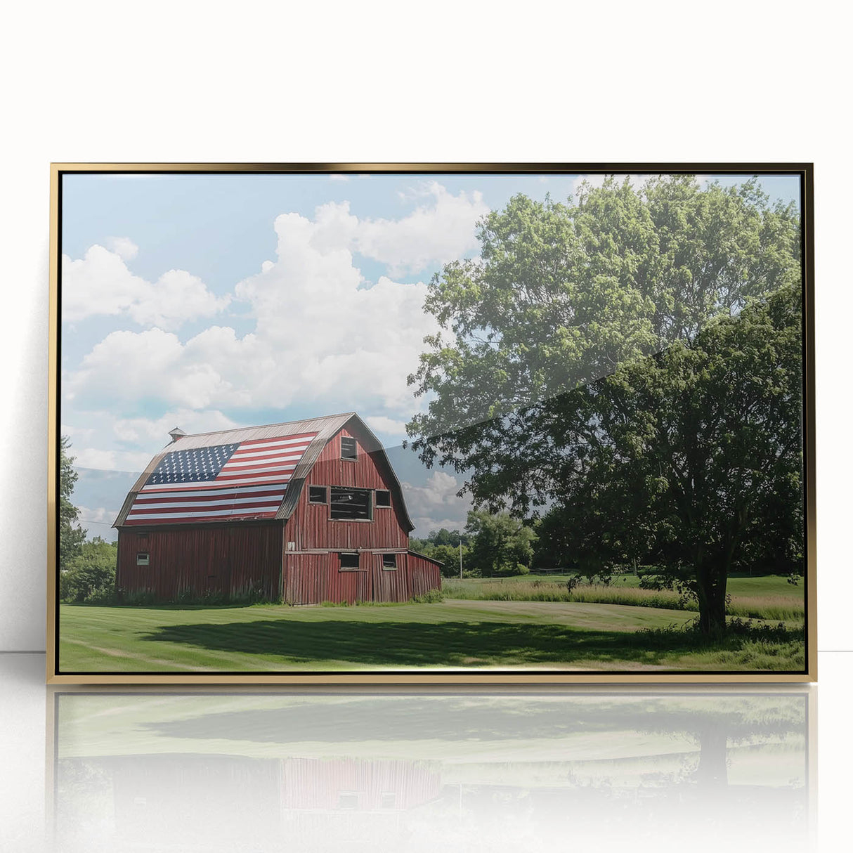 Framed acrylic wall art featuring a landscape design with vibrant gold accents, showcasing a serene natural scene, perfect for home or office decor.