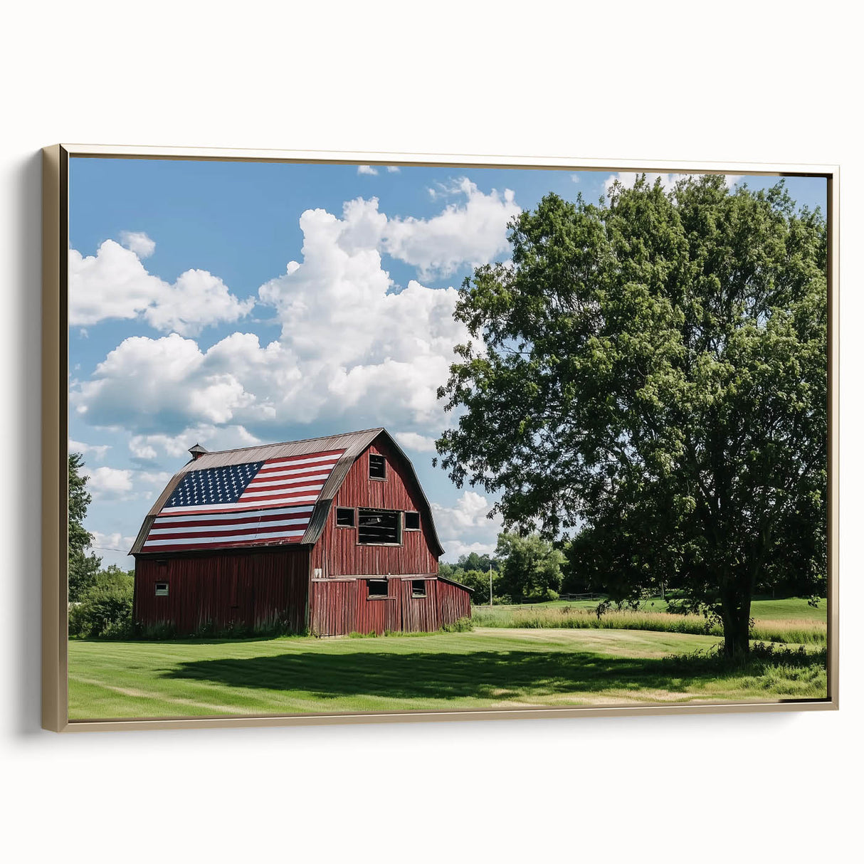 Landscape canvas artwork showcasing a rustic barn scene with golden framing, highlighted by warm tones and intricate details, ideal for farmhouse decor.