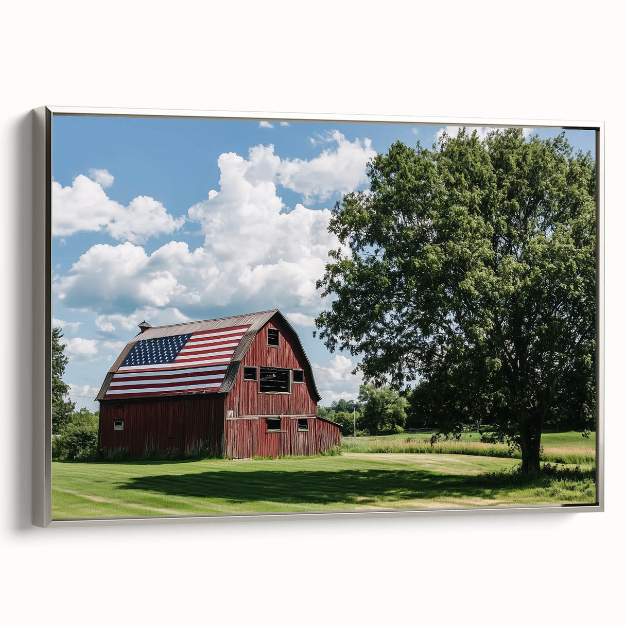 Landscape barn-framed canvas artwork showcasing a rustic silver frame, highlighting a serene countryside scene. Ideal for home decor enthusiasts seeking nature-inspired elegance.