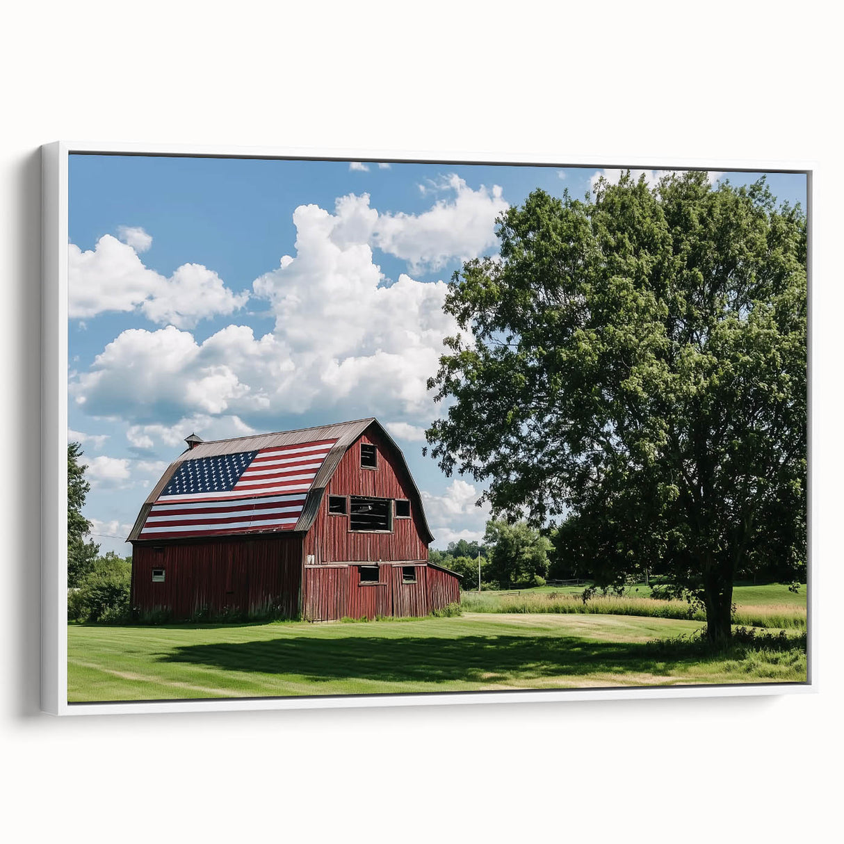 Landscape barn framed canvas showcasing a rustic white side view, highlighting intricate textures and natural tones, perfect for home decor enthusiasts.