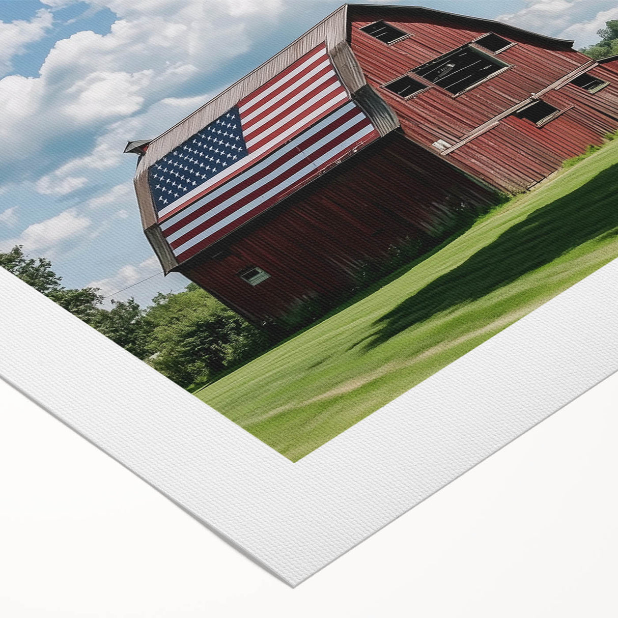 Rolled canvas showcasing a vibrant landscape barn design with rich colors and intricate details, elegantly packaged in a protective cardboard tube for safe delivery.