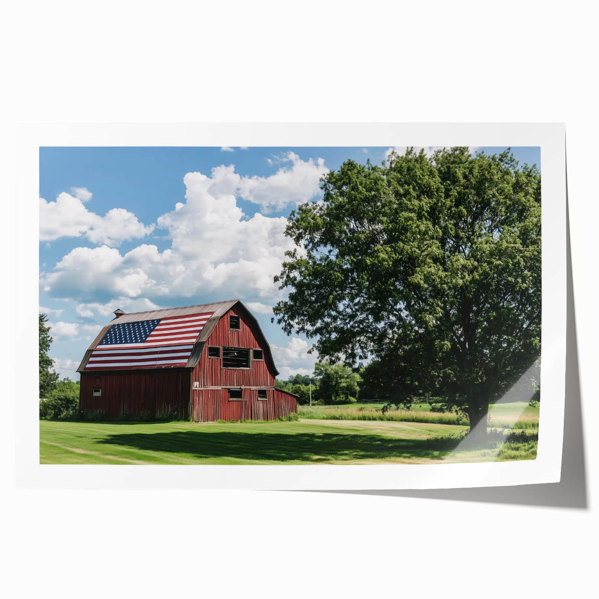 Vibrant landscape barn print on rolled canvas showcasing rich colors and detailed textures, securely packaged in a protective cardboard tube, ideal for home decor.