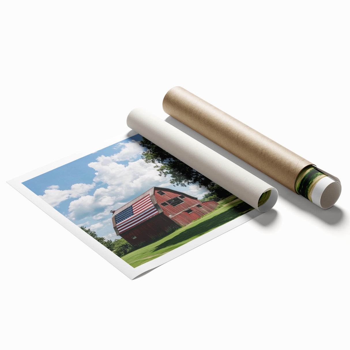 Landscape artwork depicting a serene barn scene with lush green fields under a bright blue sky, rolled and packaged securely for display or gifting.