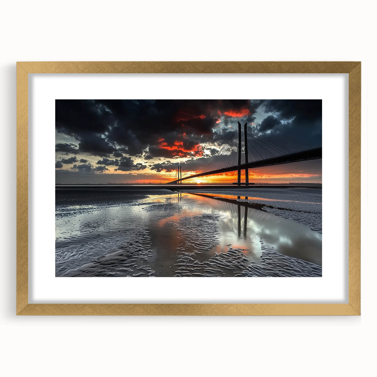 Landscape bridge frame in gold with a mat, showcasing an elegant front view. Perfect for enhancing home decor with a touch of sophistication and style.