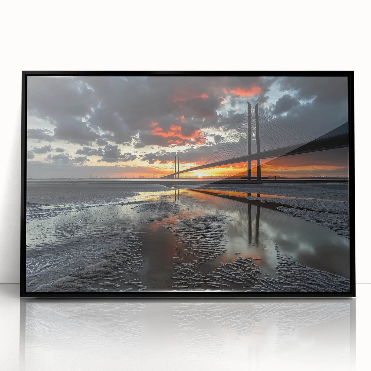 Framed acrylic artwork depicting a serene landscape bridge scene, featuring a black frame and vibrant colors, ideal for modern home decor and art enthusiasts.