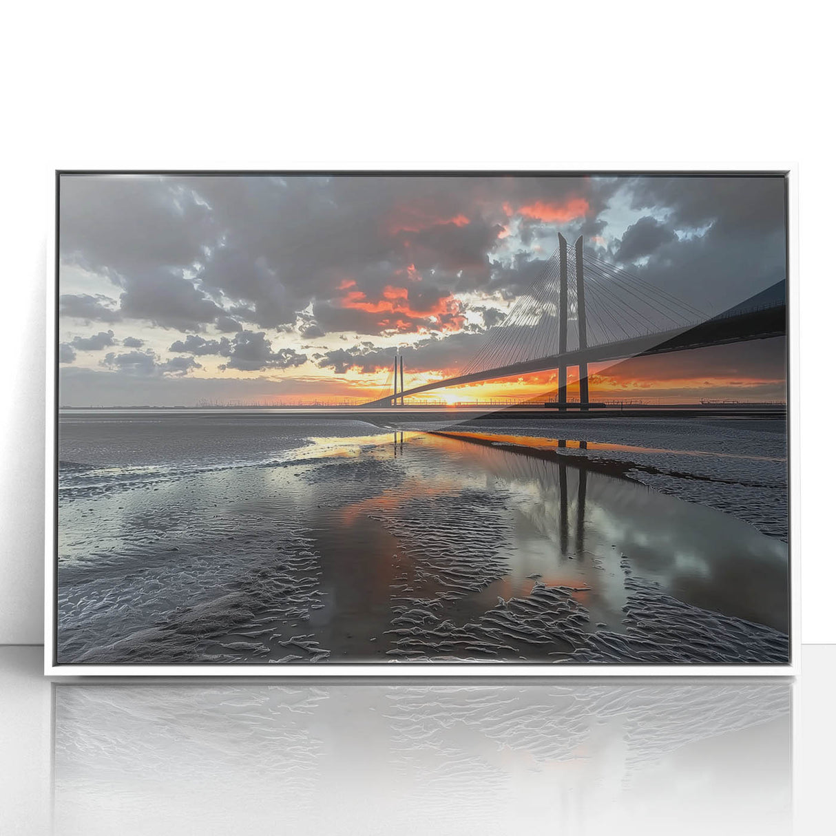 Framed acrylic artwork showcasing a serene landscape bridge scene, featuring vibrant colors and intricate details, perfect for home decor.