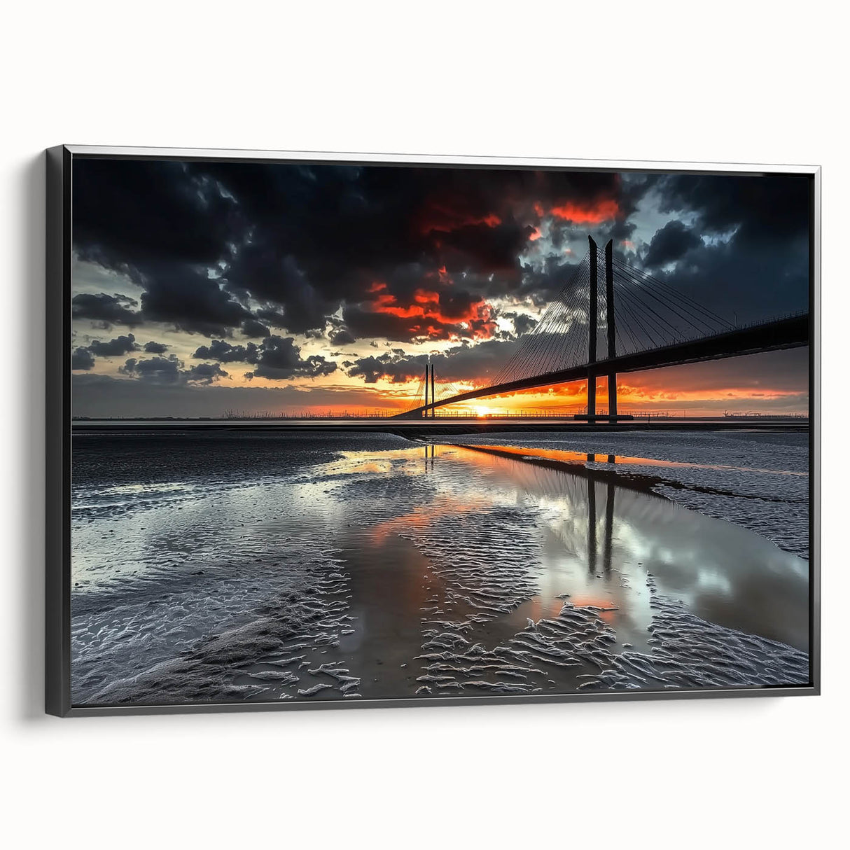 Framed canvas artwork depicting a serene landscape bridge surrounded by lush greenery, showcasing vibrant colors and intricate details, ideal for home decor.