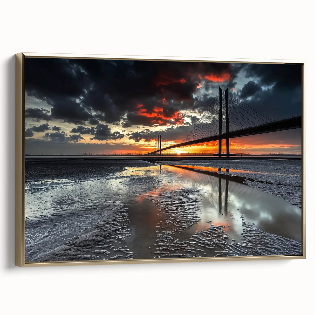Framed canvas art depicting a stunning gold landscape bridge view, showcasing intricate details and vibrant colors, perfect for modern home decor.