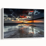 Framed canvas artwork of a serene landscape featuring a bridge, showcasing vibrant colors and intricate details, placed against a white backdrop for a modern aesthetic.