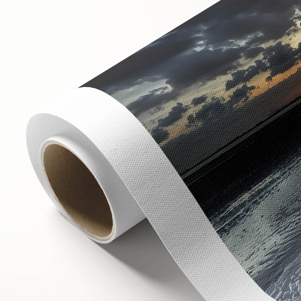 Rolled canvas artwork depicting a serene landscape with a bridge over water, showcasing vibrant colors and intricate details, rolled for easy transport and storage.