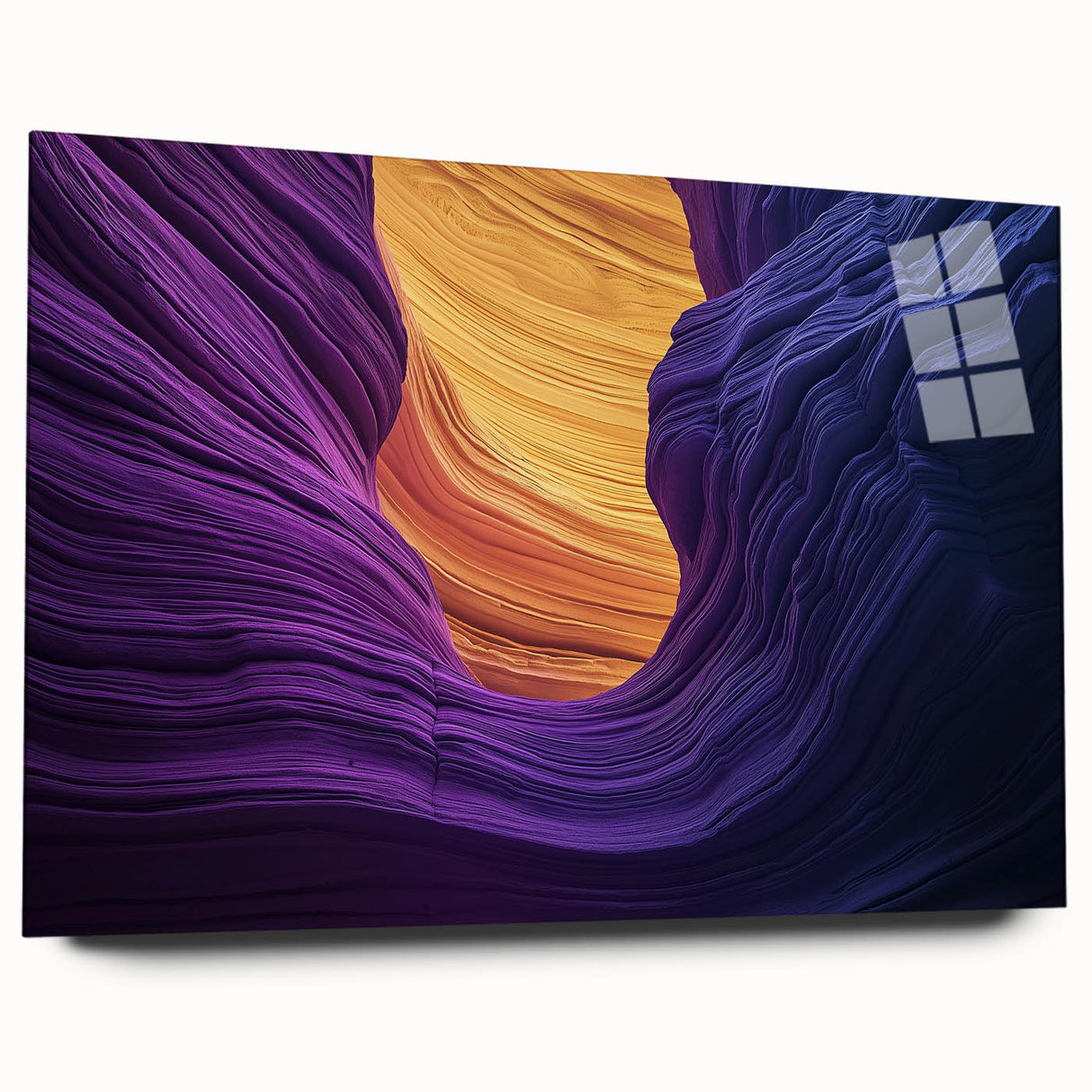 Acrylic glass artwork showcasing a stunning landscape of canyons in vibrant colors, viewed from the side without pins, perfect for modern home decor.