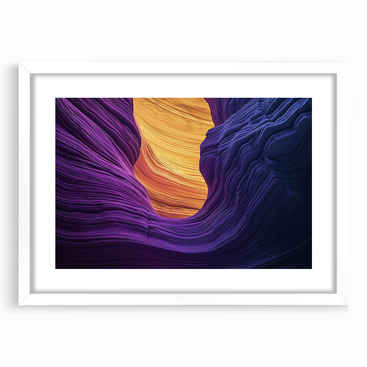 Framed landscape artwork showcasing vibrant canyon scenery, featuring a white mat and a sleek black frame, ideal for home decor or office enhancement.